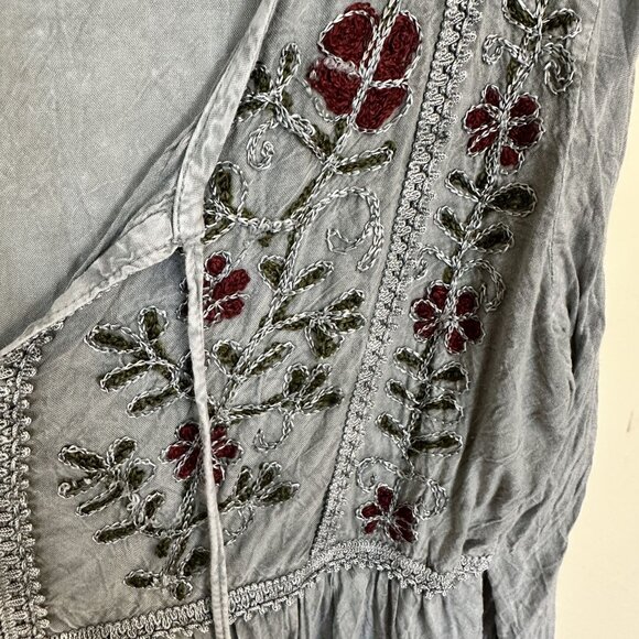 Anandas Womens Embroidered Boho Tunic Top Long Sleeves Rayon Large Grey - Picture 10 of 11
